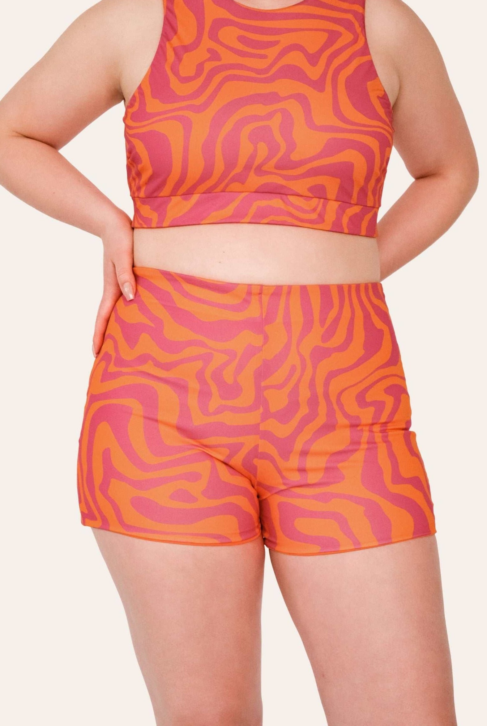 Reversible Surf Bikini Shorts - Orange / Pink Waves - SEASICK SWIM