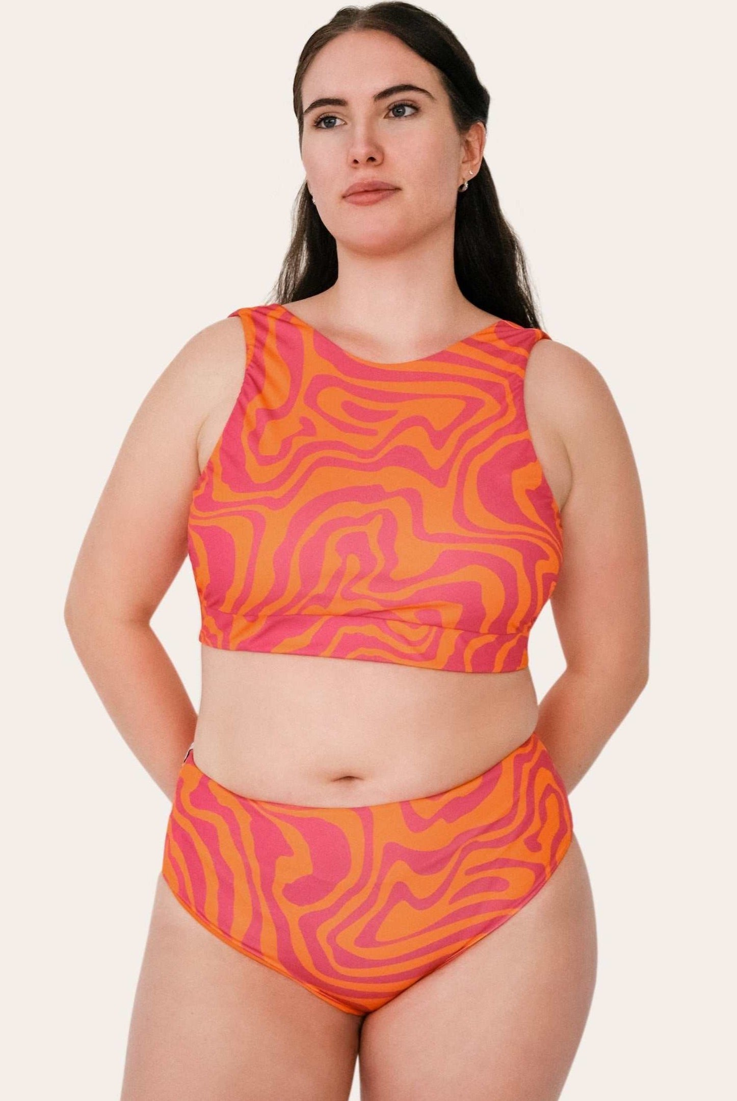 Reversible High Waist Bikini Bottom - Orange / Pink Waves - SEASICK SWIM