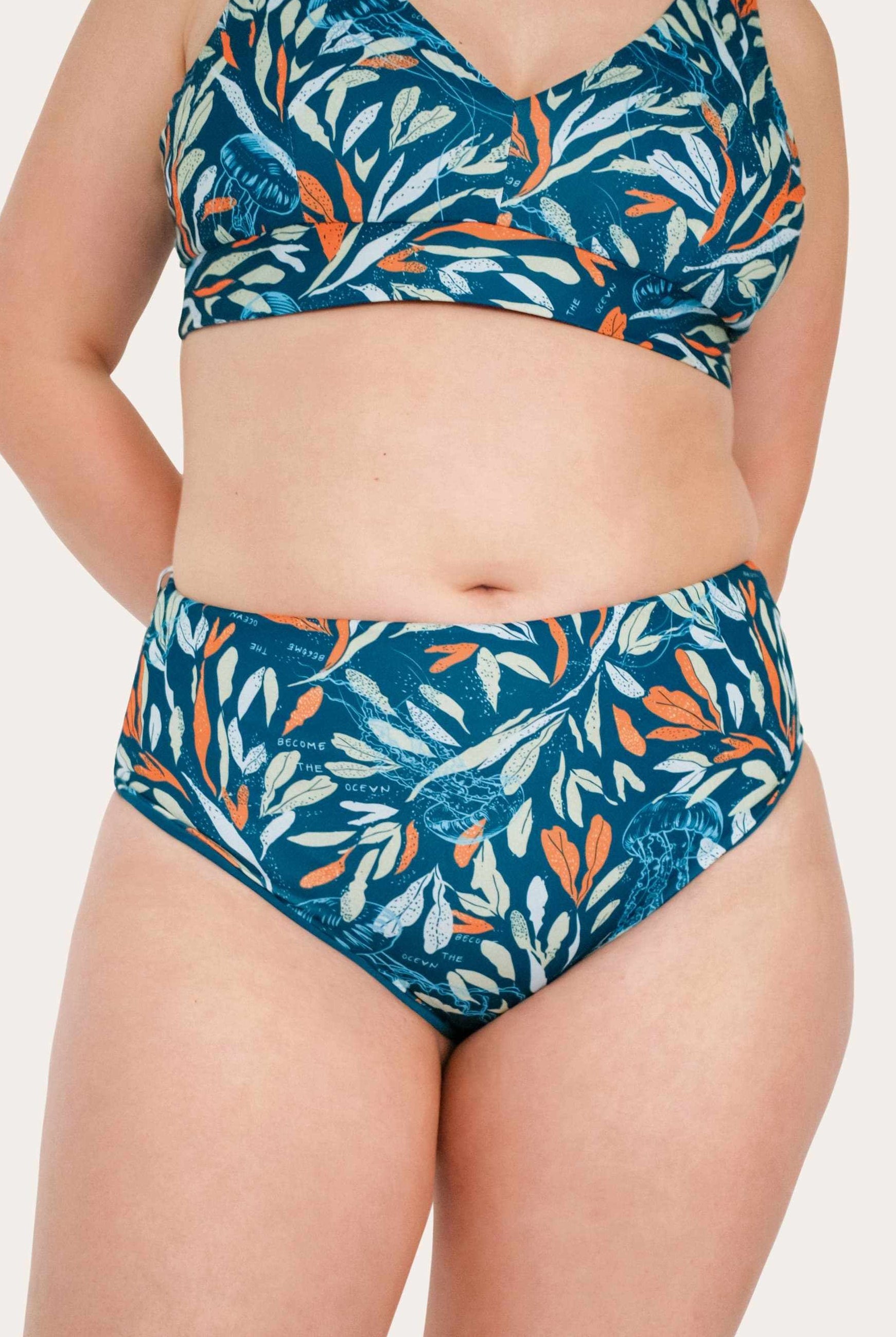 Reversible High Waist Bikini Bottom - Petrol / Oceanprint - SEASICK SWIM