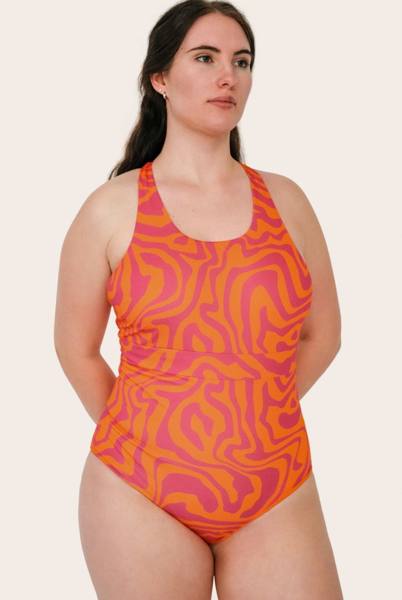 Reversible Sporty Swimsuit - Orange / Pink Waves - SEASICK SWIM