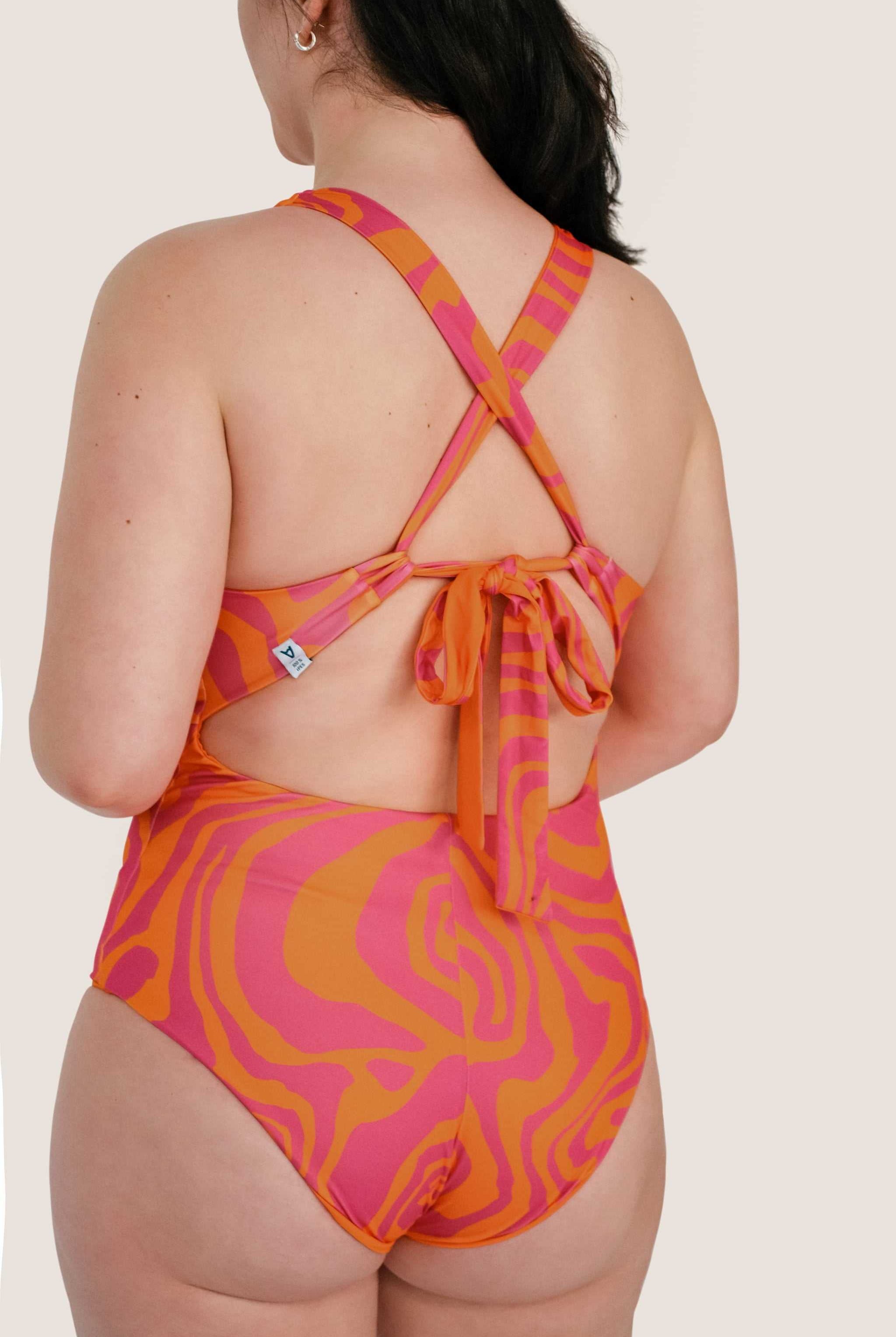 Reversible Sporty Swimsuit - Orange / Pink Waves - SEASICK SWIM