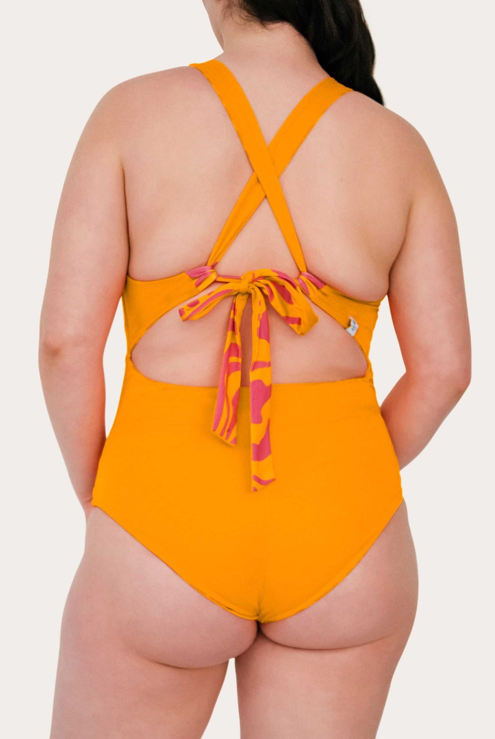 Reversible Sporty Swimsuit - Orange / Pink Waves - SEASICK SWIM