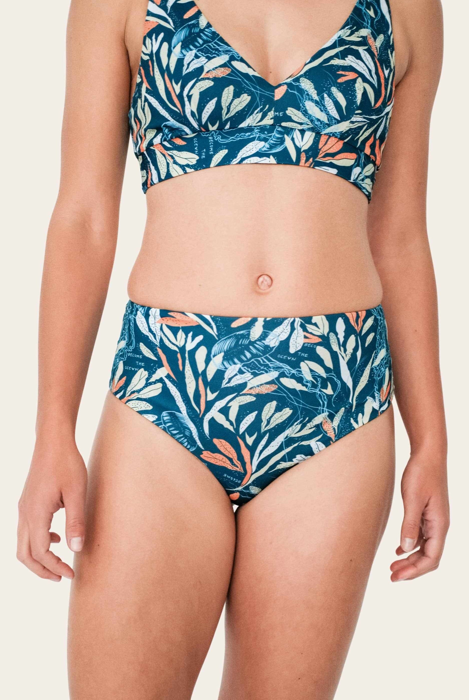 Reversible High Waist Bikini Bottom - Petrol / Oceanprint - SEASICK SWIM