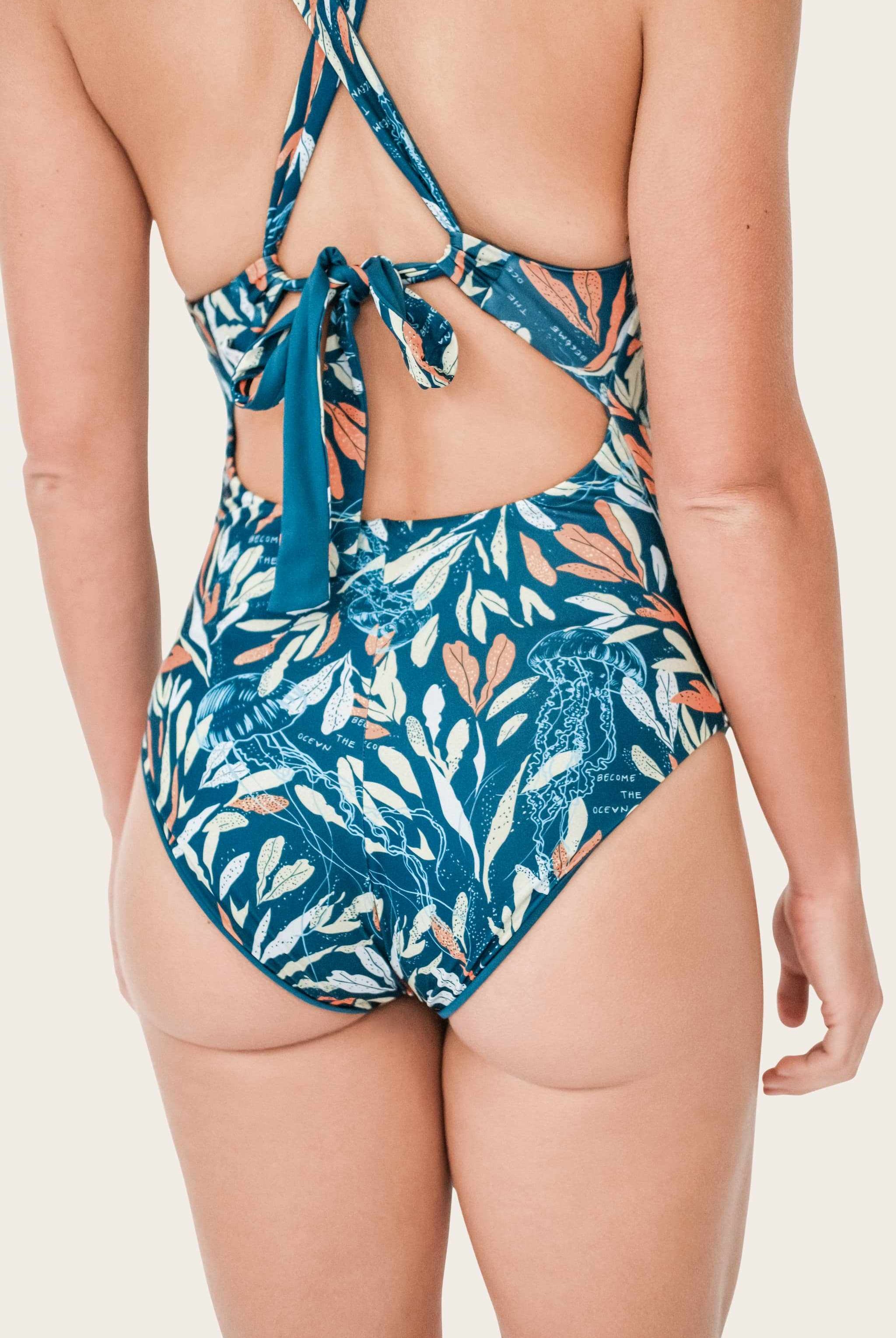 Reversible Sporty Swimsuit_Petrol/Ocean Print_SEASICK SWIM