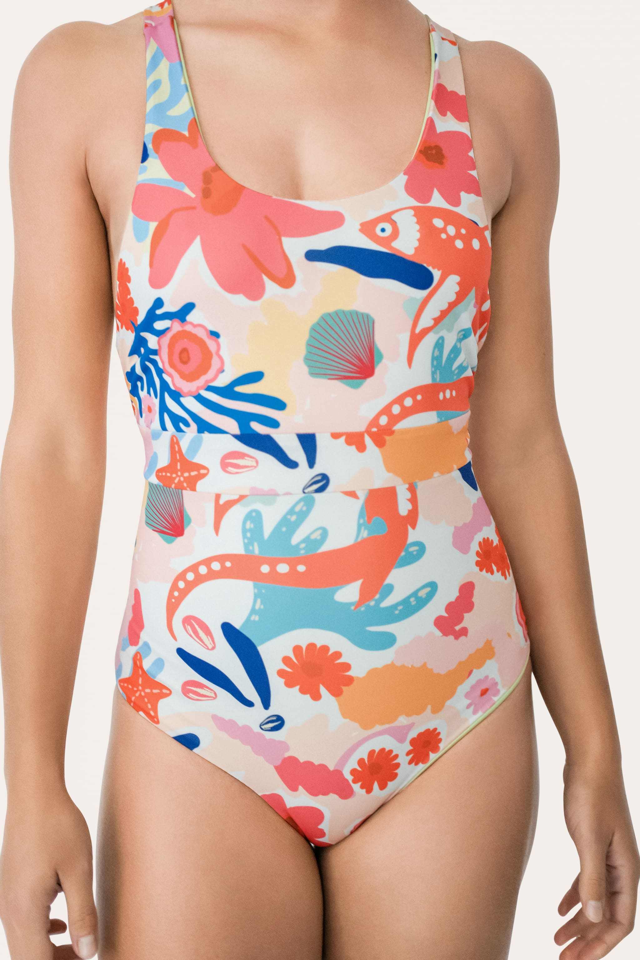 Reversible Sporty Swimsuit - Lemon / Flowerprint - SEASICK SWIM