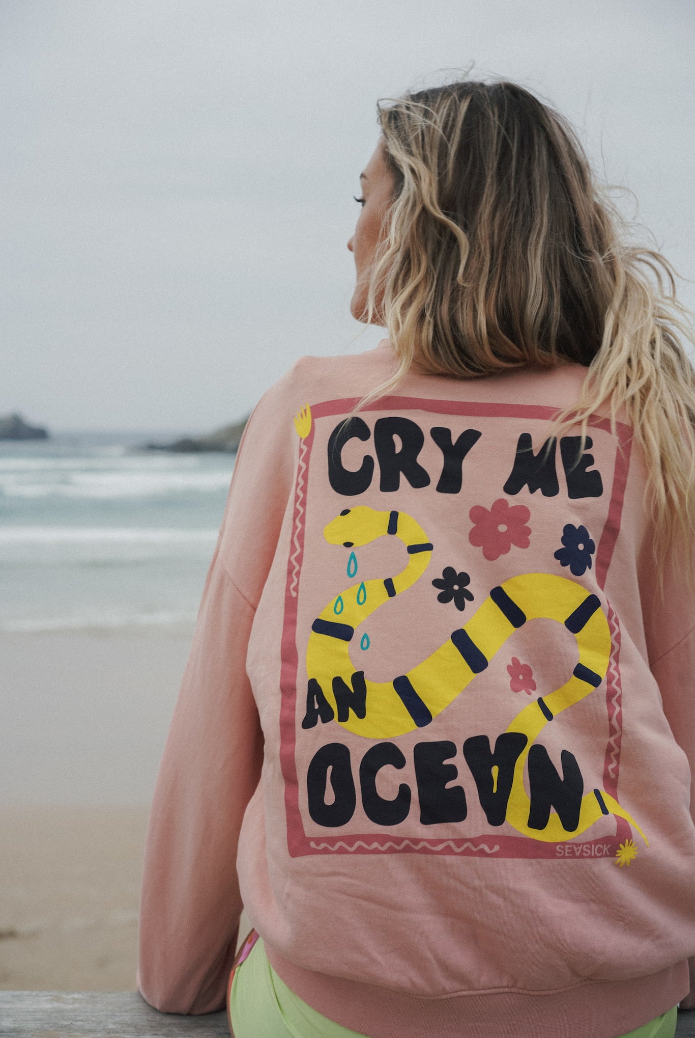 Rosa unisex sweater with bold back print and front logo stitch by Seasick Studio.