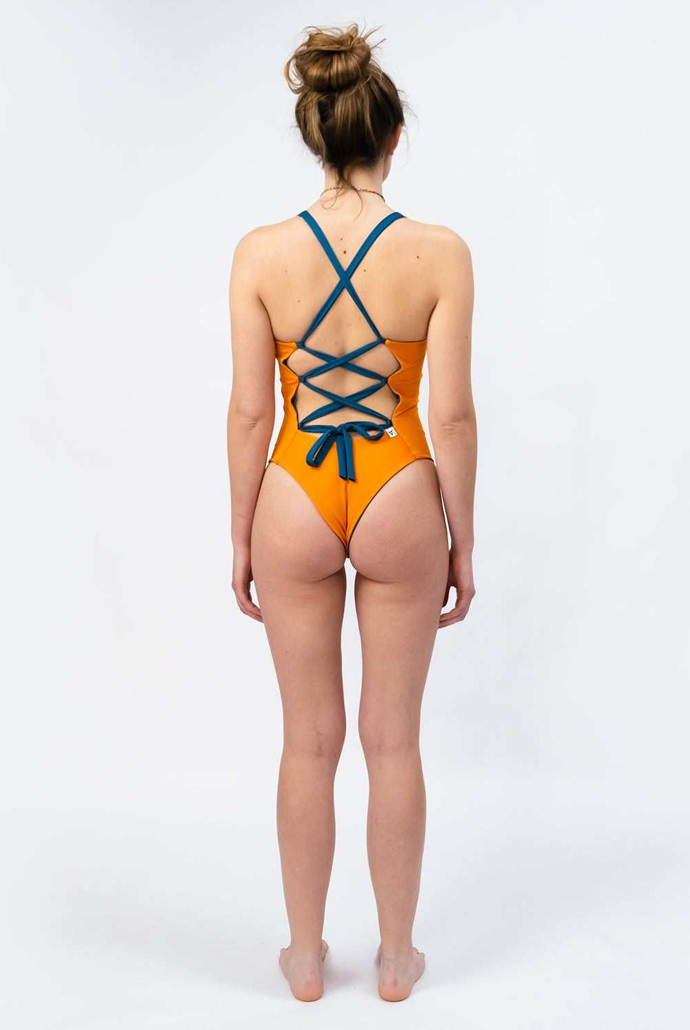 Reversible High Cut Swimsuit - Orange/Petrol - SEASICK SWIM