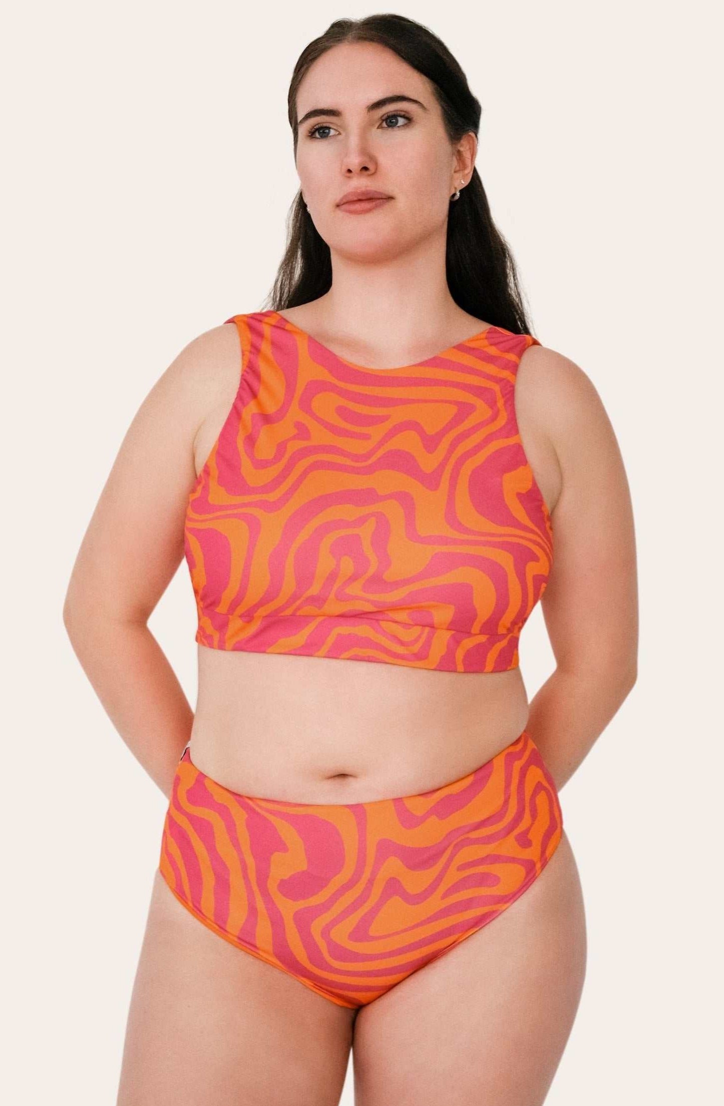 Reversible High Waist Bikini Bottom - Orange / Pink Waves - SEASICK SWIM