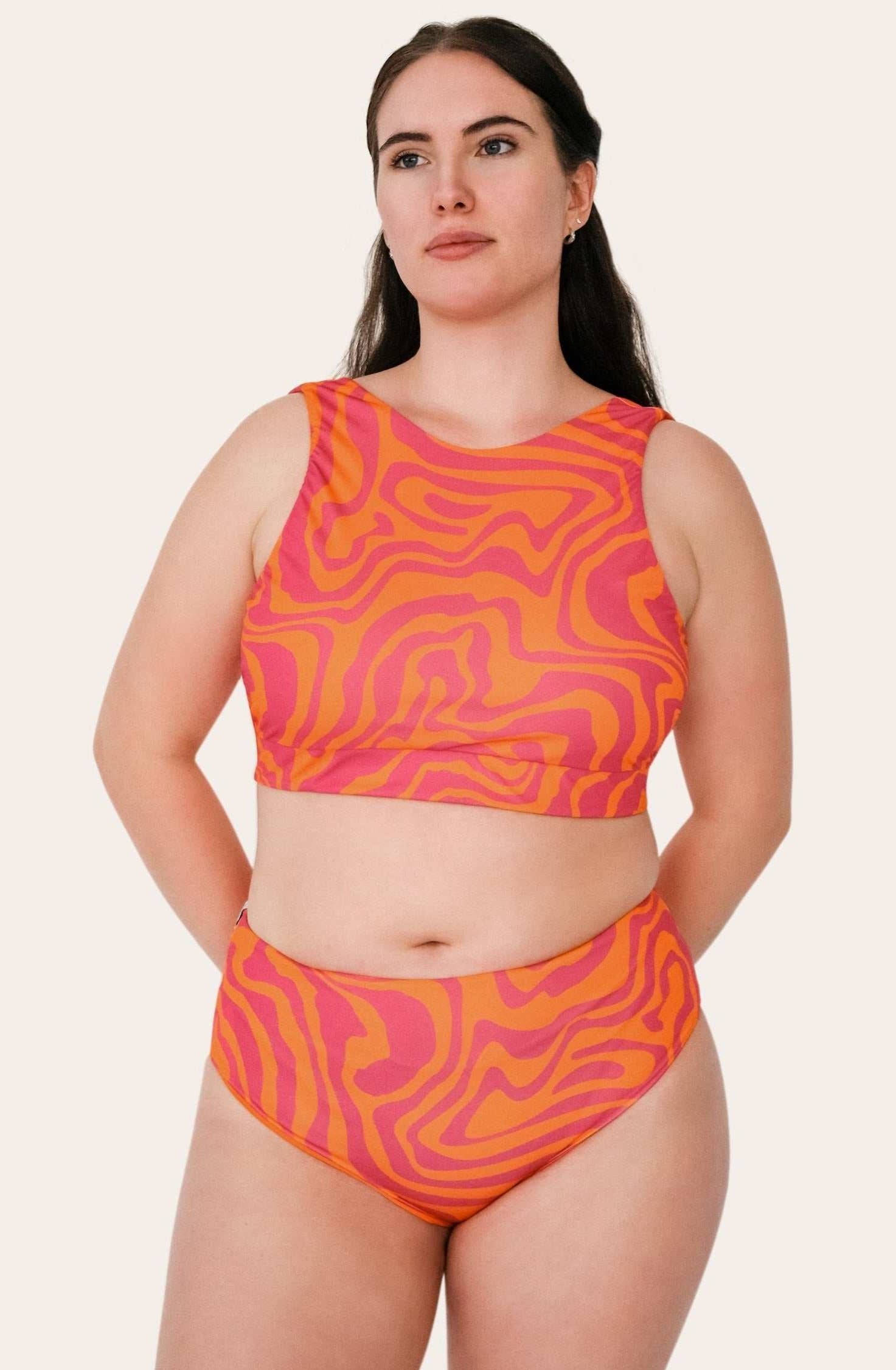 REVERSIBLE SURF BIKINI TOP Orange Pink Waves XS