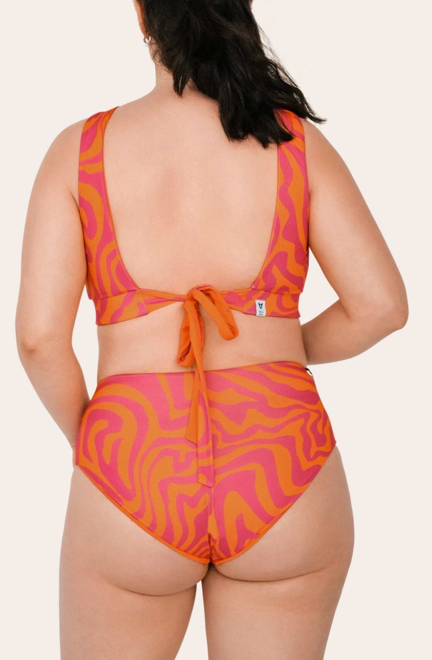 Reversible High Waist Bikini Bottom - Orange / Pink Waves - SEASICK SWIM