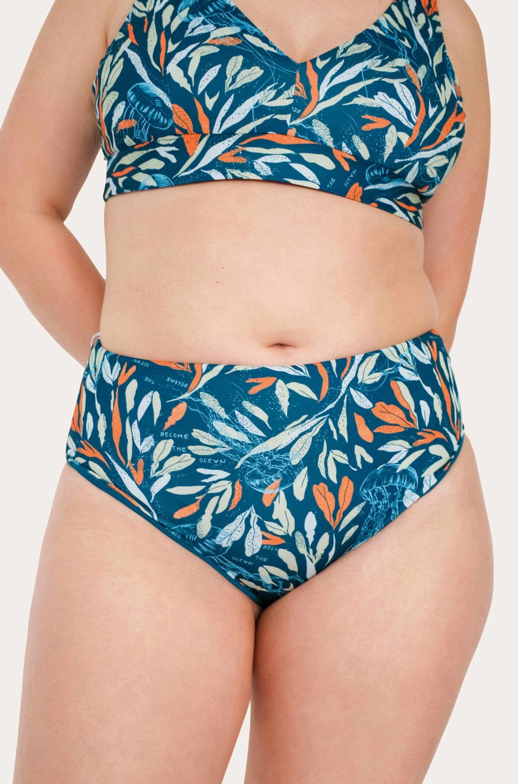 Reversible High Waist Bikini Bottom - Petrol / Oceanprint - SEASICK SWIM