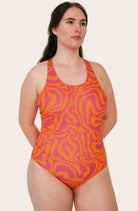 Reversible Sporty Swimsuit - Orange / Pink Waves - SEASICK SWIM