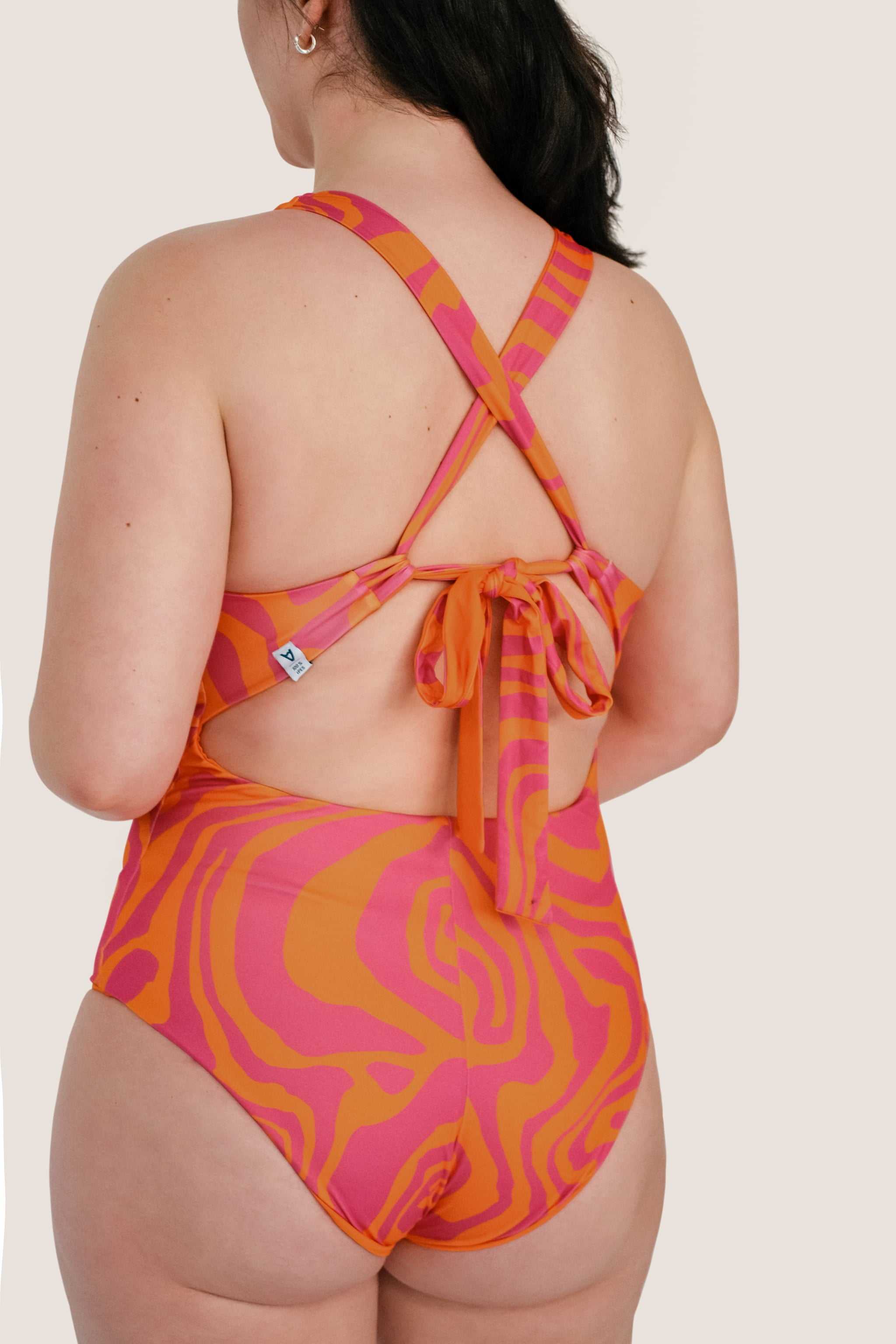 Reversible Sporty Swimsuit - Orange / Pink Waves - SEASICK SWIM