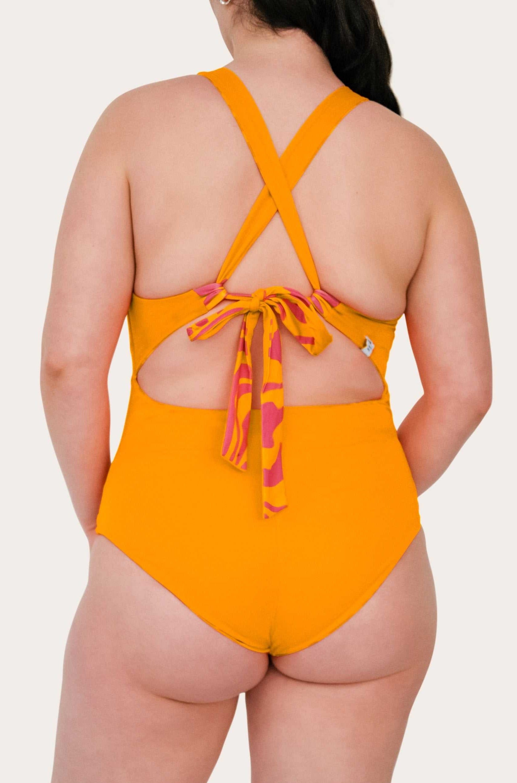 Reversible Sporty Swimsuit - Orange / Pink Waves - SEASICK SWIM