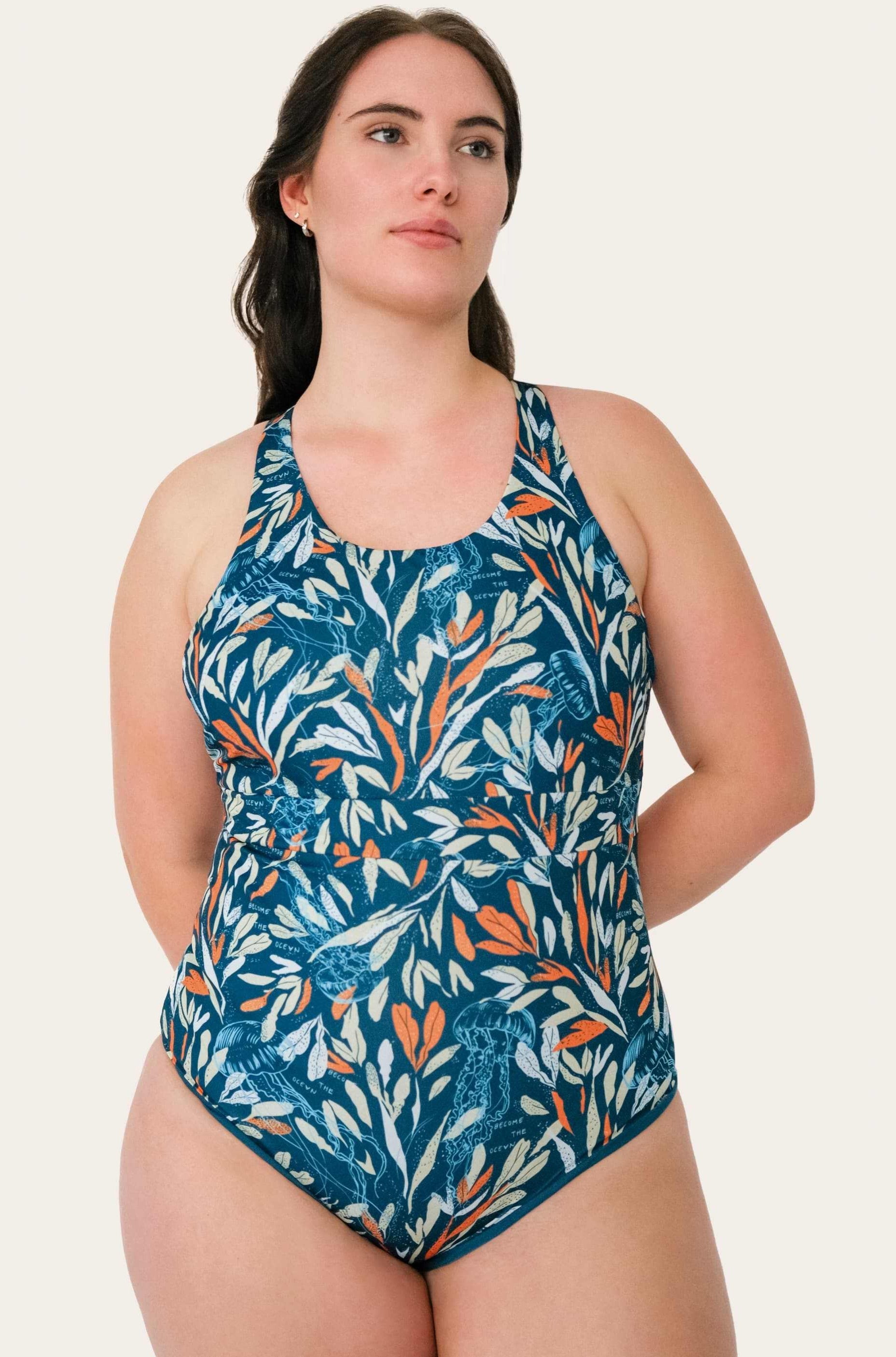 Reversible Sporty Swimsuit_Petrol/Ocean Print_SEASICK SWIM