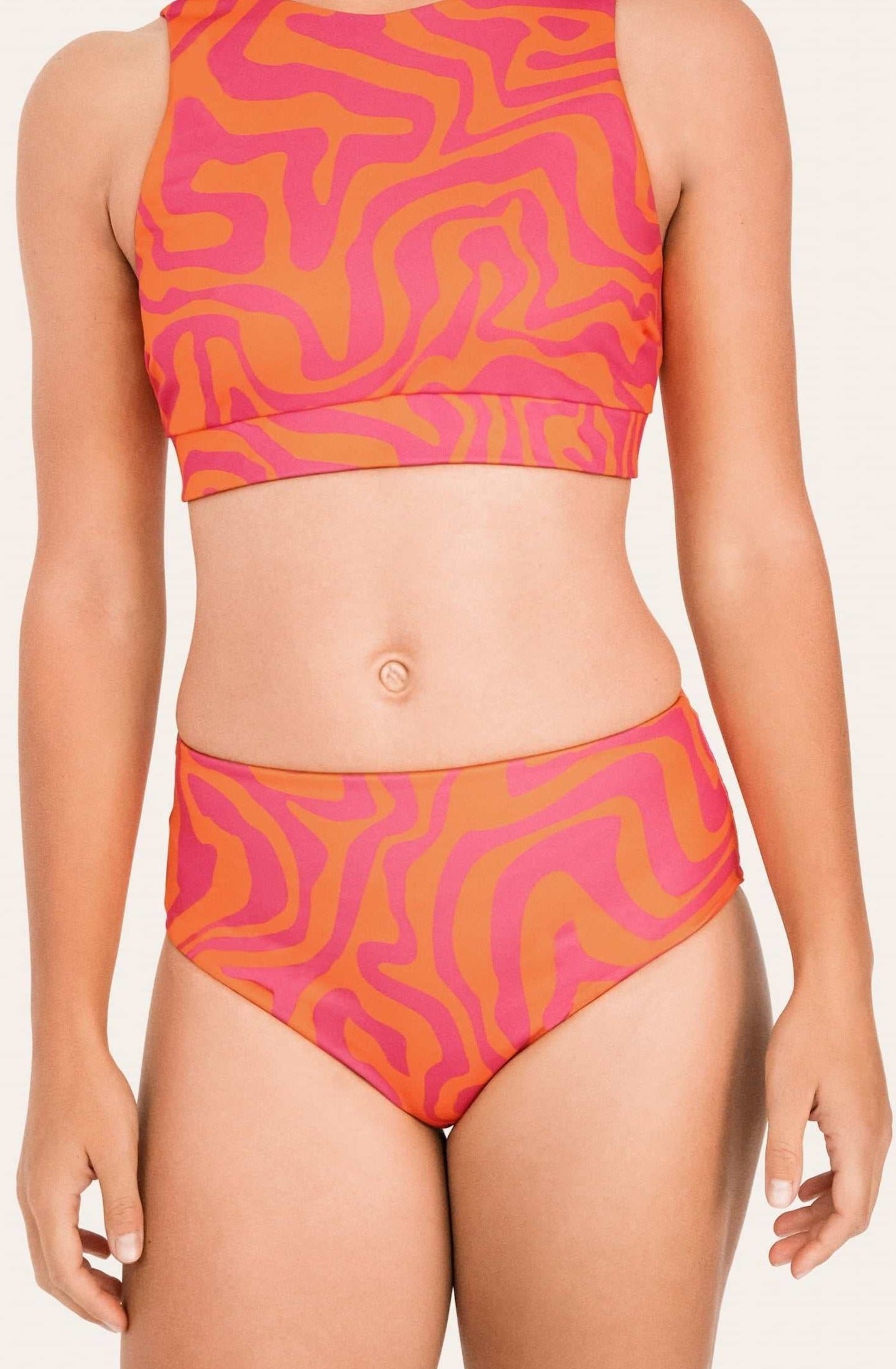 Reversible High Waist Bikini Bottom - Orange / Pink Waves - SEASICK SWIM