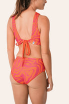 Reversible High Waist Bikini Bottom - Orange / Pink Waves - SEASICK SWIM