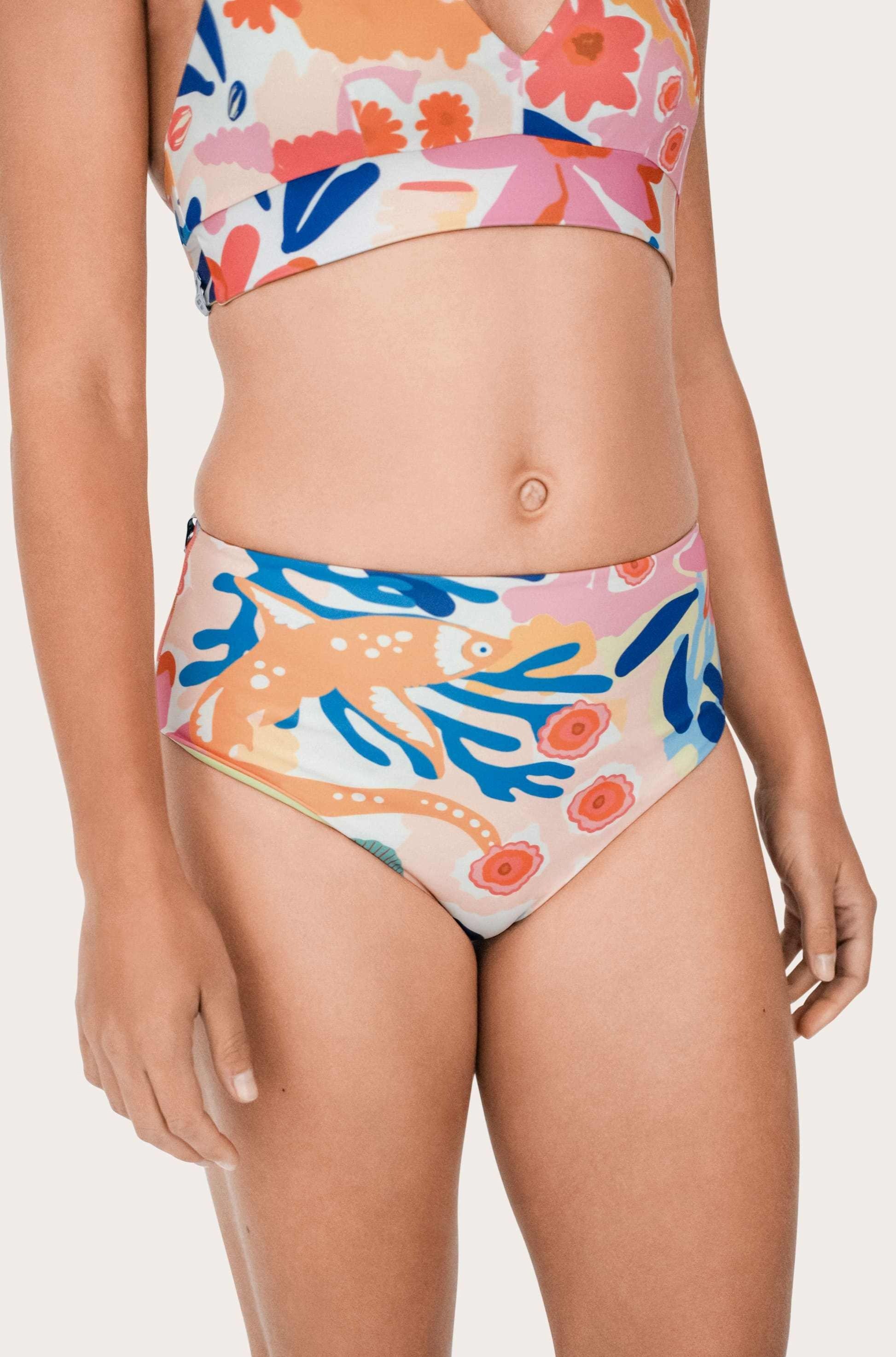 Reversible High Waist Bikini Bottom - Lemon / Flowerprint - SEASICK SWIM