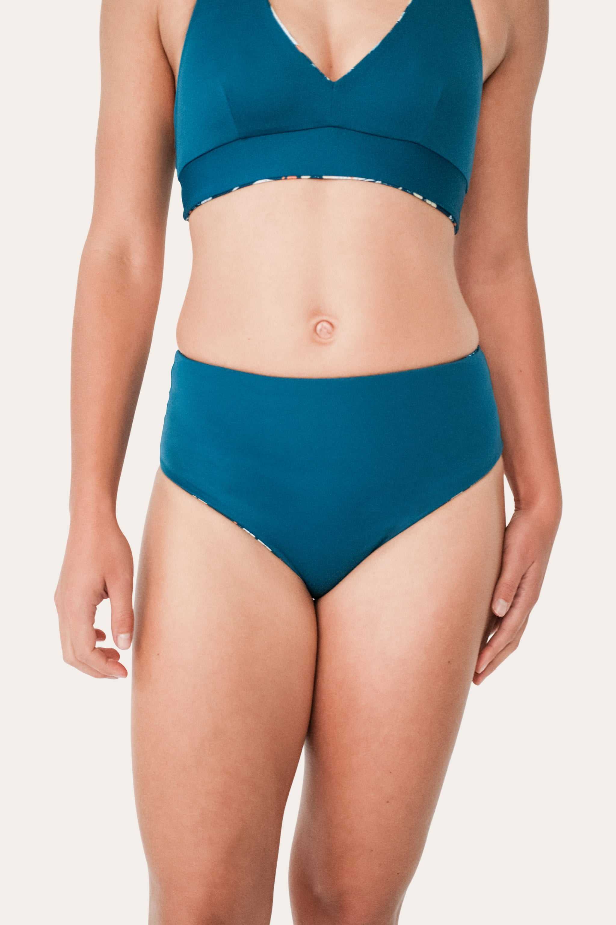 Reversible High Waist Bikini Bottom - Petrol / Oceanprint - SEASICK SWIM