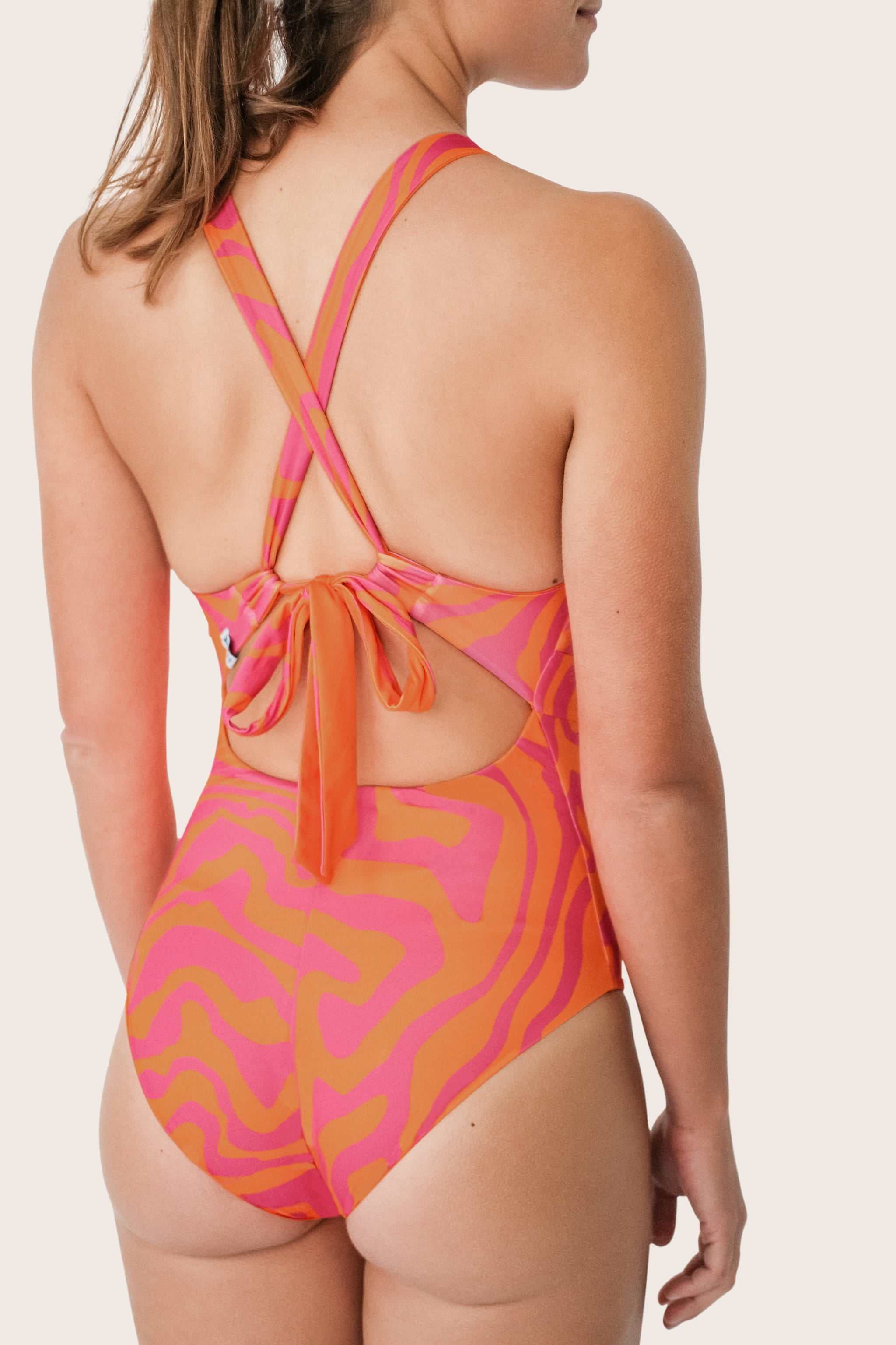 Reversible Sporty Swimsuit - Orange / Pink Waves - SEASICK SWIM